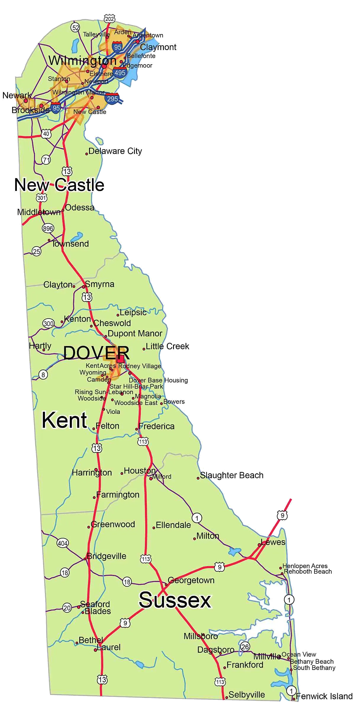 Illustrated map highlighting Lewes, Delaware neighborhoods and waterways